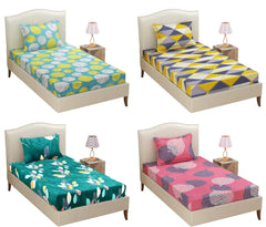 Prime Collection Combo Pack Of 4 Single Bedsheet With 4 Pillow Covers | 60 X 90 Inches, Multicolor - 160 Thread Count Soft Brushed Glace Cotton-Long Lasting & Wrinkle Free