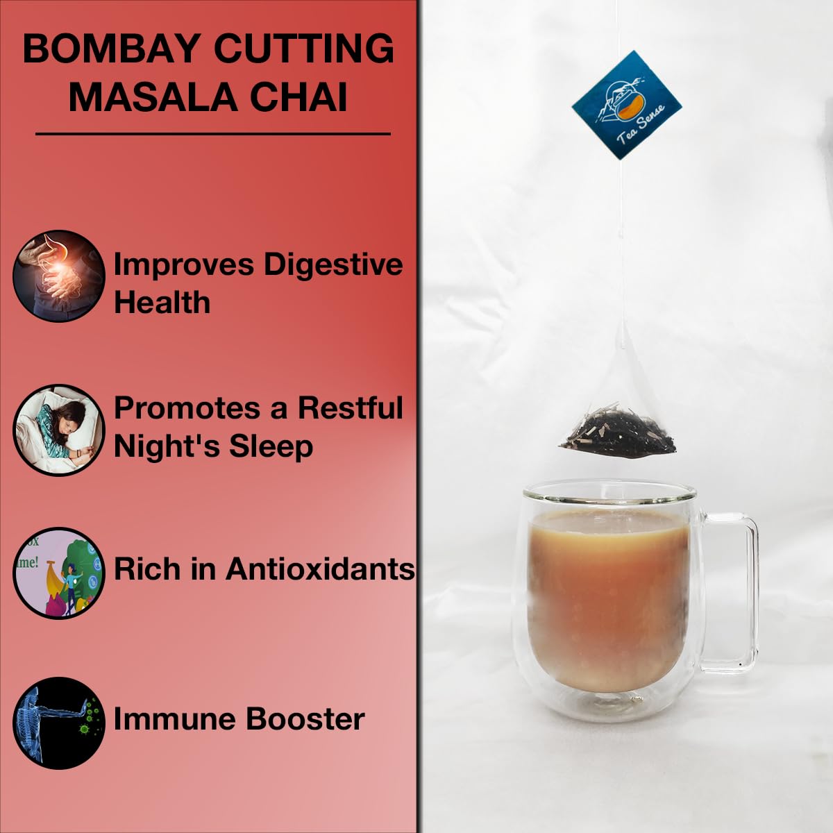Tea Sense Bombay Cutting Masala Chai - 15 Pyramid Tea Bags | Assam CTC, Cardamom, Fennel, Dried Ginger, Black Pepper - Rich Flavor & Strong Chai Patti, High Caffeine | Authentic Kadak Blend