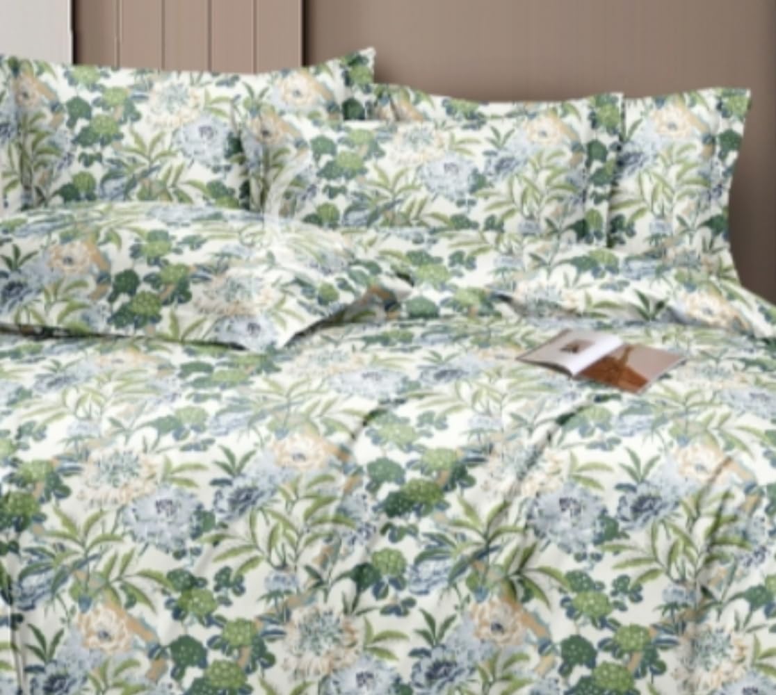 Bedsheet For Queen Size With 2 Pillow Covers - 60 X 78 Inches, Green & White | Soft & Skin-Friendly Fabric | All Around Elastic Fitted Bedsheet
