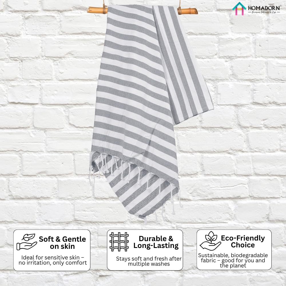 Homadorn 100% Cotton Striped Fouta Bath Towels 1400 Gsm | Soft Quick Dry & Absorbent Hand-Knotted Tassels | Turkish Hamam Towel (Grey- White)- Pack Of 4