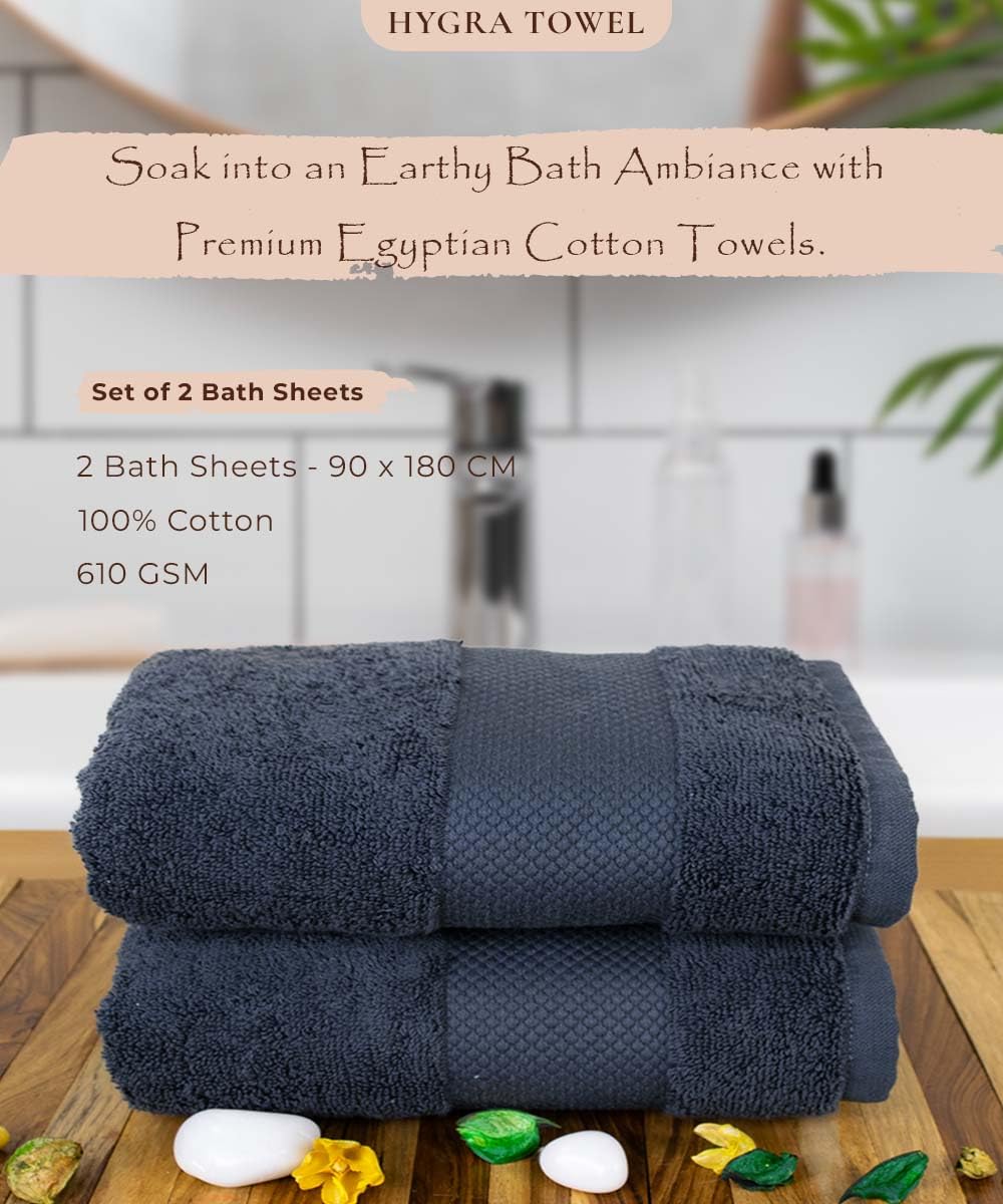 Rangoli Soft Absorbent Durable Towels Earthly Egyption Cotton Plush Oversized Large Size Bath Towel 1200 Gsm (Charcoal)- Pack Of 2