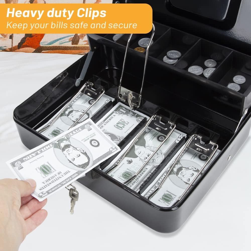 Cash Box With Key Lock, Metal Cash Box With Money Tray, Cash Register,5 Compartments Cantilever Tray & 4 Spring - Clips For Bills,11.81"X 9.45"X 3.54" Colour - Black