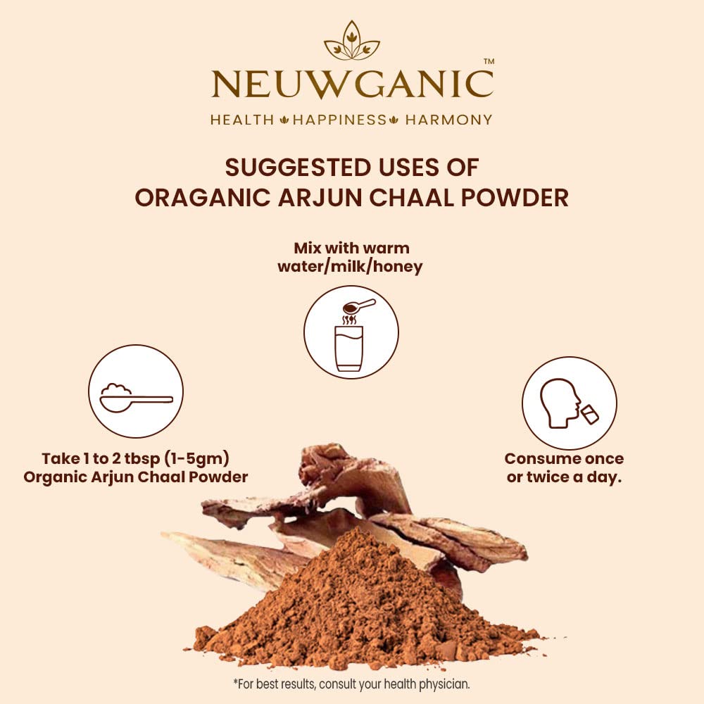 Neuwganic Organic Arjun Chaal Powder, India Organic & Usda Organic Certified, Promotes Good Cholesterol, Arjun Powder | 650gm 1.4lbs