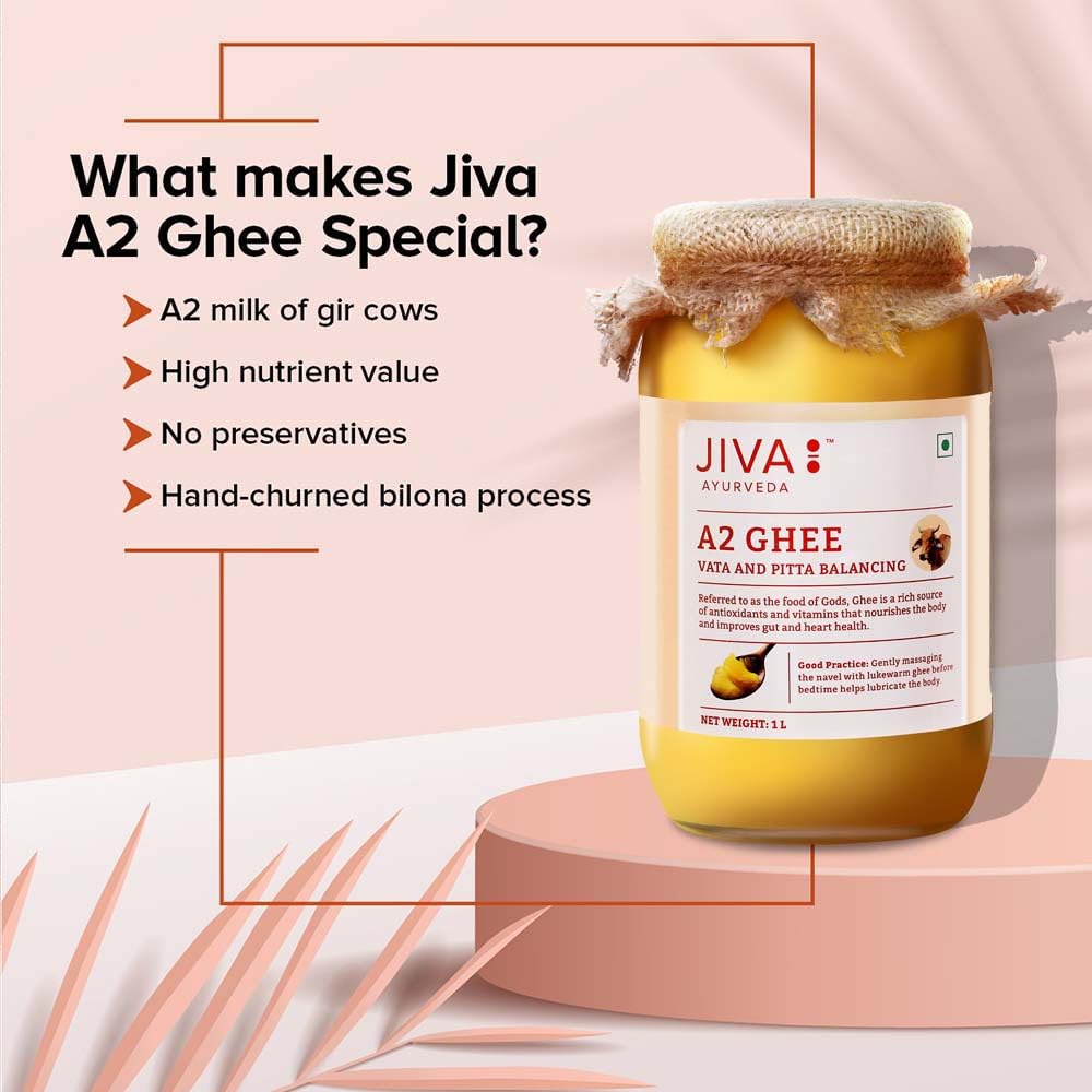 Natural Gir Desi Cow A2 Ghee By Jiva | Source Of Vitamins C, E & K Healthy Desi Ghee Perfect For Churma | (1 Litr) 33.8 Ounce | Jar Pack