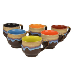 Studio Pottery Ceramic Flow Design Glazed Tea Cups Set Of 6 - Brown & Multicolor, 100ml Each | Chai Cups - Coffee Mug Set - Tea Cup Set