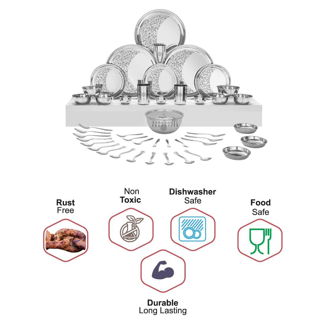 Designer Stainless Steel Shagun Laser Bloom Dinner Set Of 45 Pieces, Silver | Easy To Clean & Dishwasher Safe