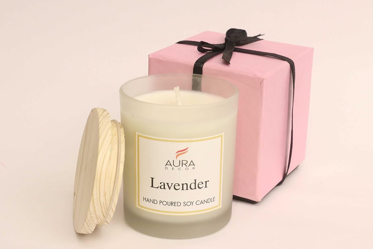FROSTED LAVENDER FRAGRANCE SOY WAX GLASS CANDLE WITH WOODEN LID & COMES GIFT BOX