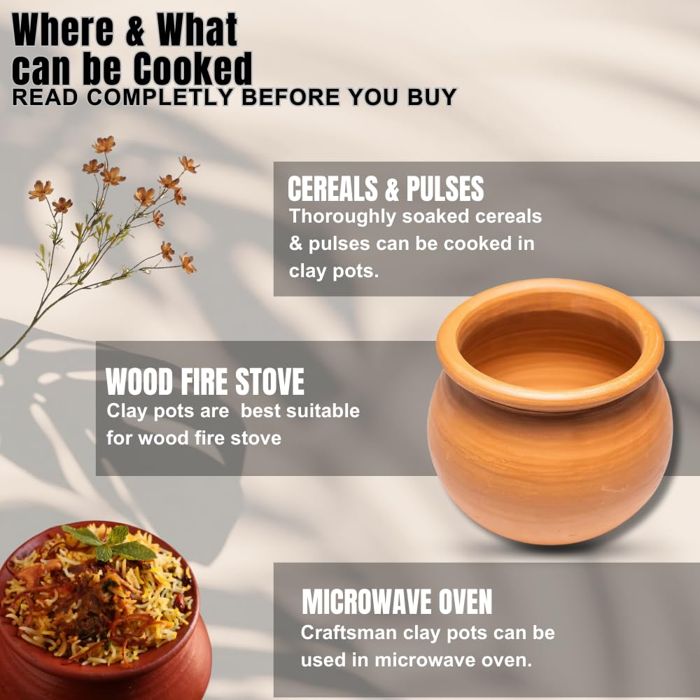 Exclusive Range Unglazed Clay Pot For Cooking & Serving With Lid, 2 Liters | Biryani Handi - Earthen Kadai - Mud Handi - Mitti Ke Bartan With Mirror Shine