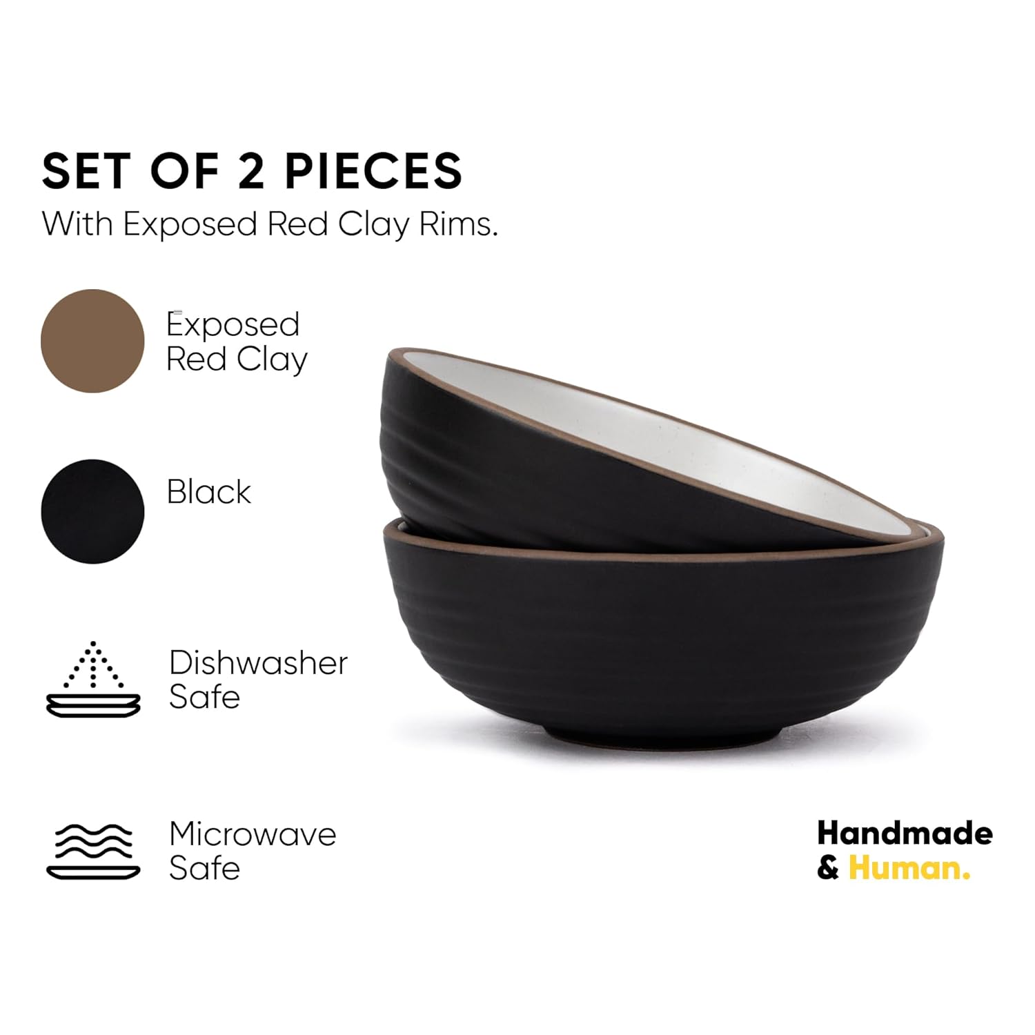 Ceramic Japandi Medium Pasta Bowl Set Of 2 Pieces - 17cm, Black, 850ml Each | Stoneware Ceramic Serving Bowls - Pasta Plate, Deep Plate | Ceramic Bowl With Matte Finish - Pasta Serving Plate