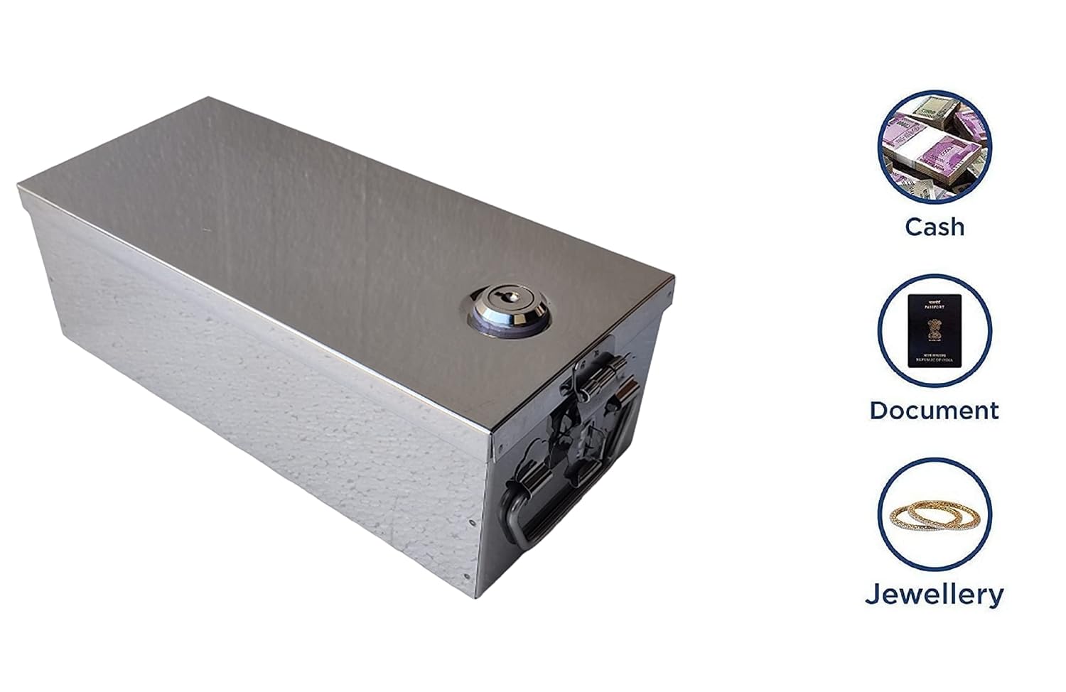 Stainless Steel Locker Boxes, Jewellery Boxes, Check Book Box, Cash Box, Bank Locker Box, Peti Size - 10 Inch Cash Box L-26.5cm, W-11cm, H-8.5cm, With Pre Fited Lock & 2 Key, Feature - Portable