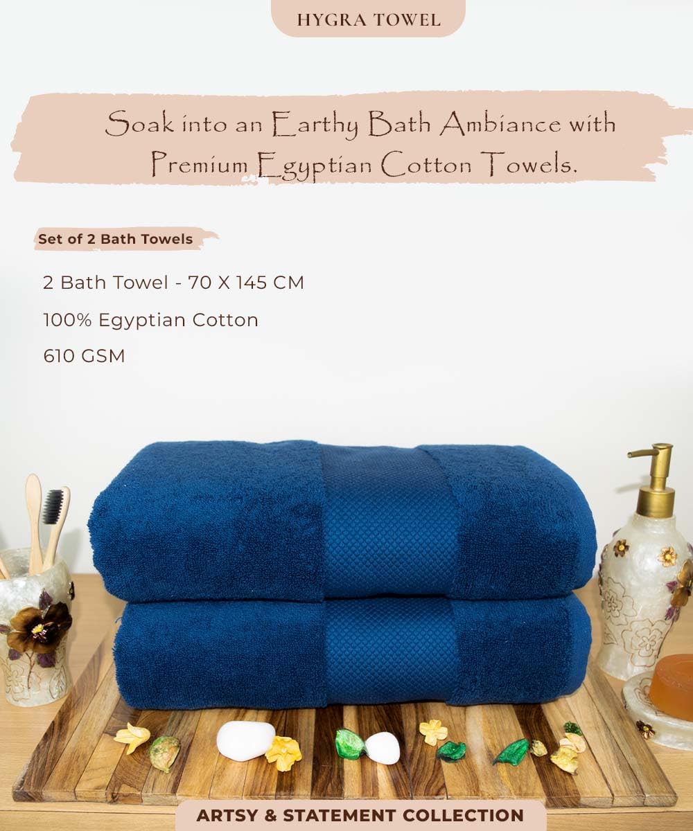 Rangoli Soft Absorbent Durable Towels Earthly Egyption Cotton Plush Luxurious Large Size Bath Towel 1000 Gsm (Navy Blue)- Pack Of 2