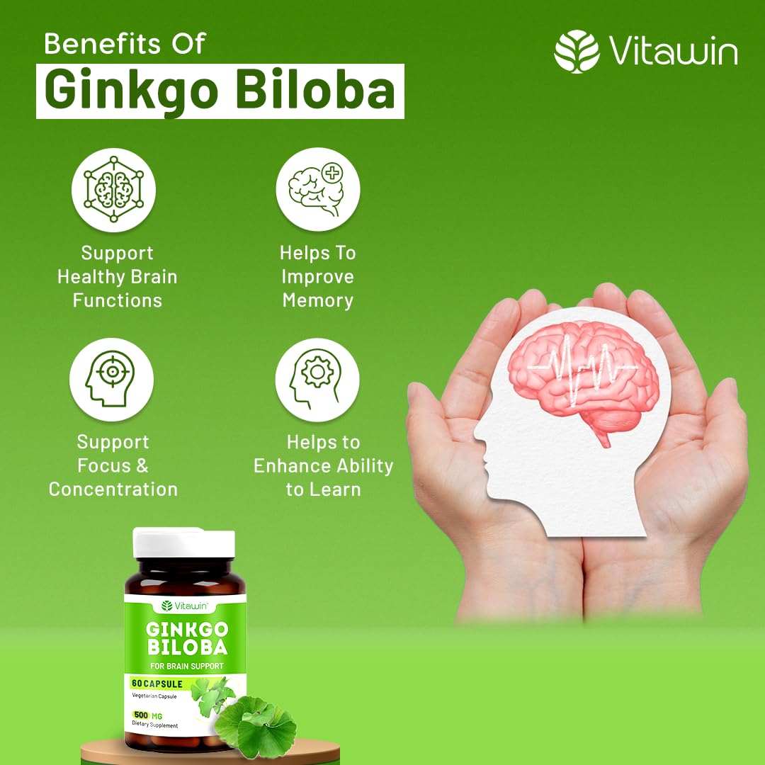 Vitawin Ginkgo Biloba For Brain Tonic, Herbal Nutrition Supplement, Natural, Helps To Improve Memory, Focus & Concentration | 60 Veg Capsules 100gm 0.2lbs