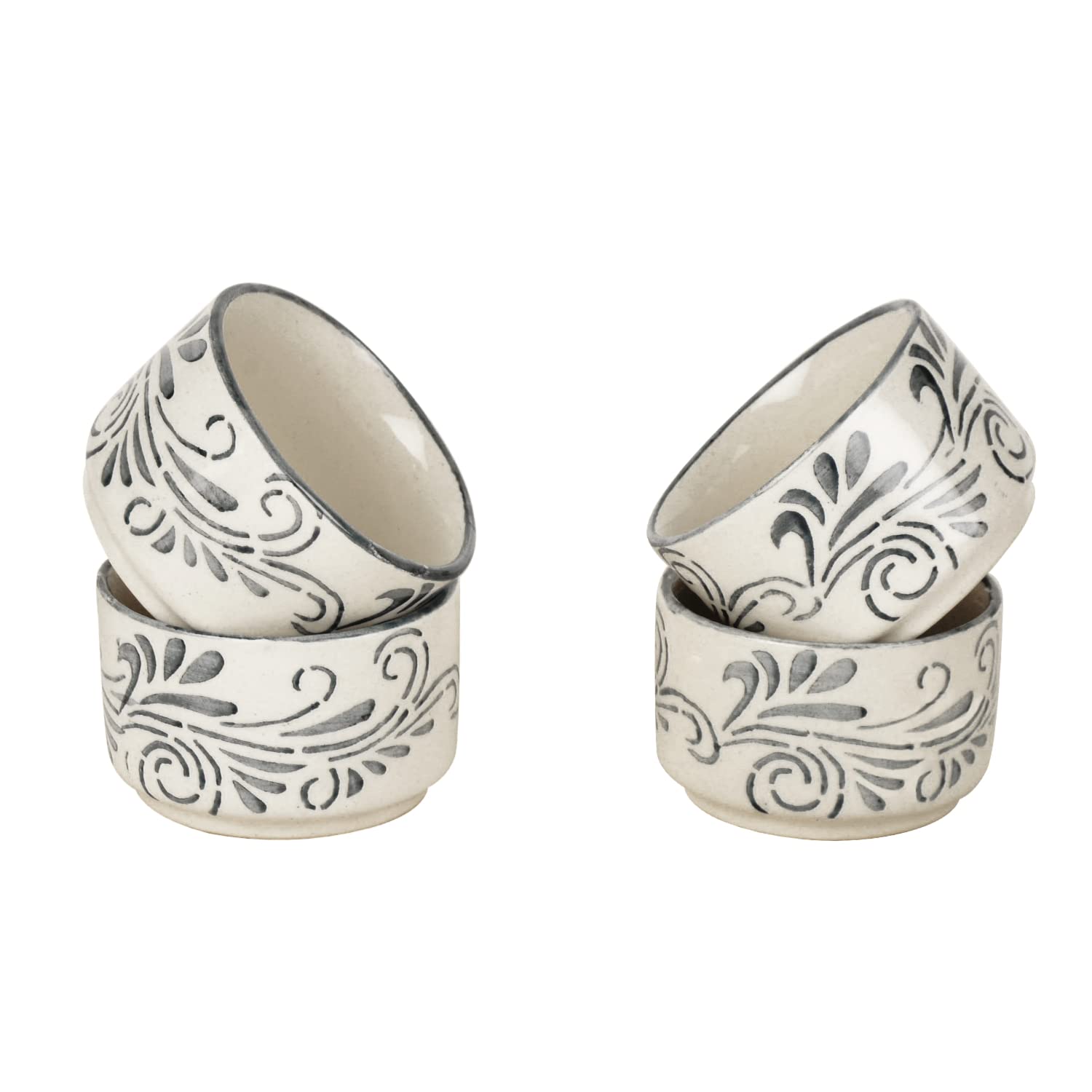 Hand Painted Ceramic Dip Bowls Set Of 4 - 50ml Each, Grey & Off White | Chutney Bowls - Ketchup Bowls