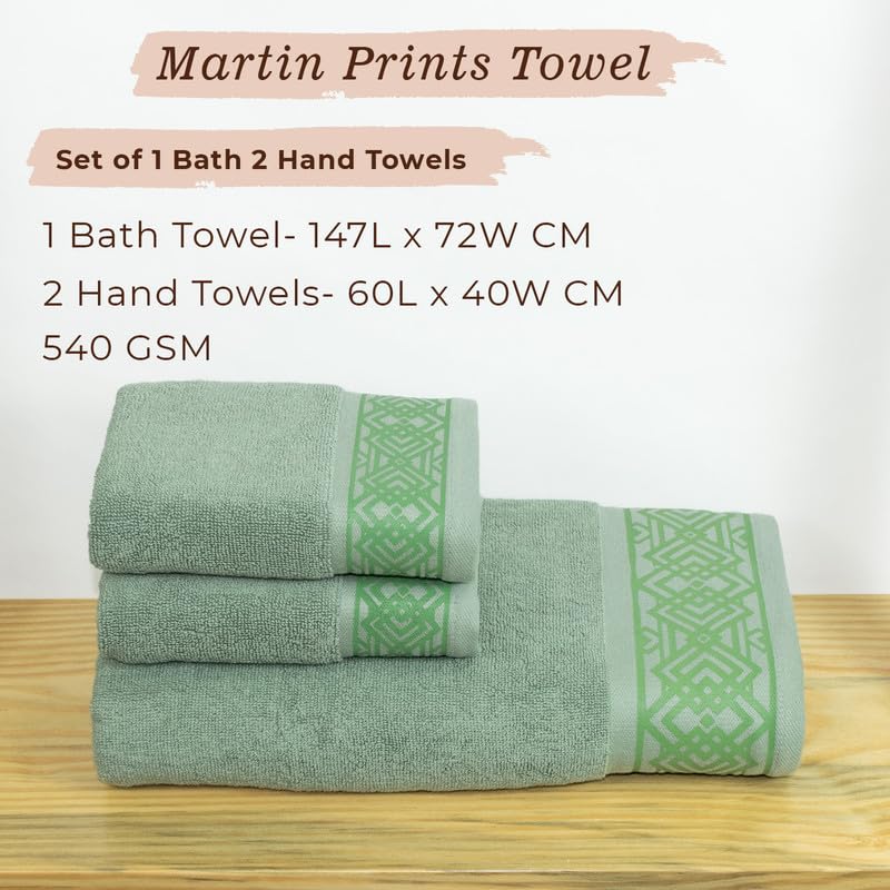 Rangoli 100% Cotton Fibre 2 Hand & 1 Bath Towel 1100 Gsm | Highly Durable & Absorbent Towel | Skin-Friendly & Quick Drying Luxury Towels (Green) - Pack Of 3