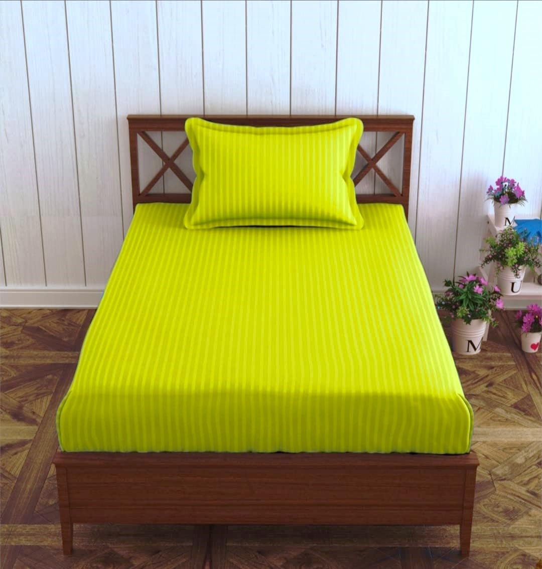 Cotton Single Bedsheet 1 Pillow Cover - 38 X 80 Inches, Yellow | All Around Elastic Fitted Bedsheet | Durable & Long Lasting Fabric, Naturally Breathable & Wrinkle Free