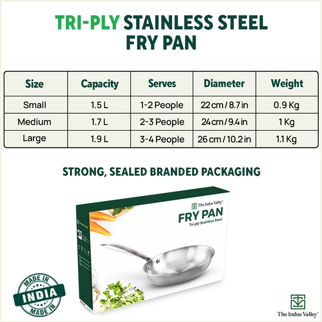 Triply Stainless Steel Fry Pan With Handle For 2-3 People - Medium 24cm, 9.4 Inch, 1.7 Liters, 1 Kg | Induction Friendly, Nonstick 3-Layer Body, 100% Pure & Toxin-Free, No Chemical Coating