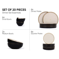 Ceramic Dinner Set Of 20 Pcs, Black Ivory | Crockery Set For Dining Table - Glossy Finish Premium Stoneware | 6 Dinner Plates + 6 Quarter Plates+ 6 Veg Bowls, 180ml Each+ 2 Flat Bowls, 800ml Each