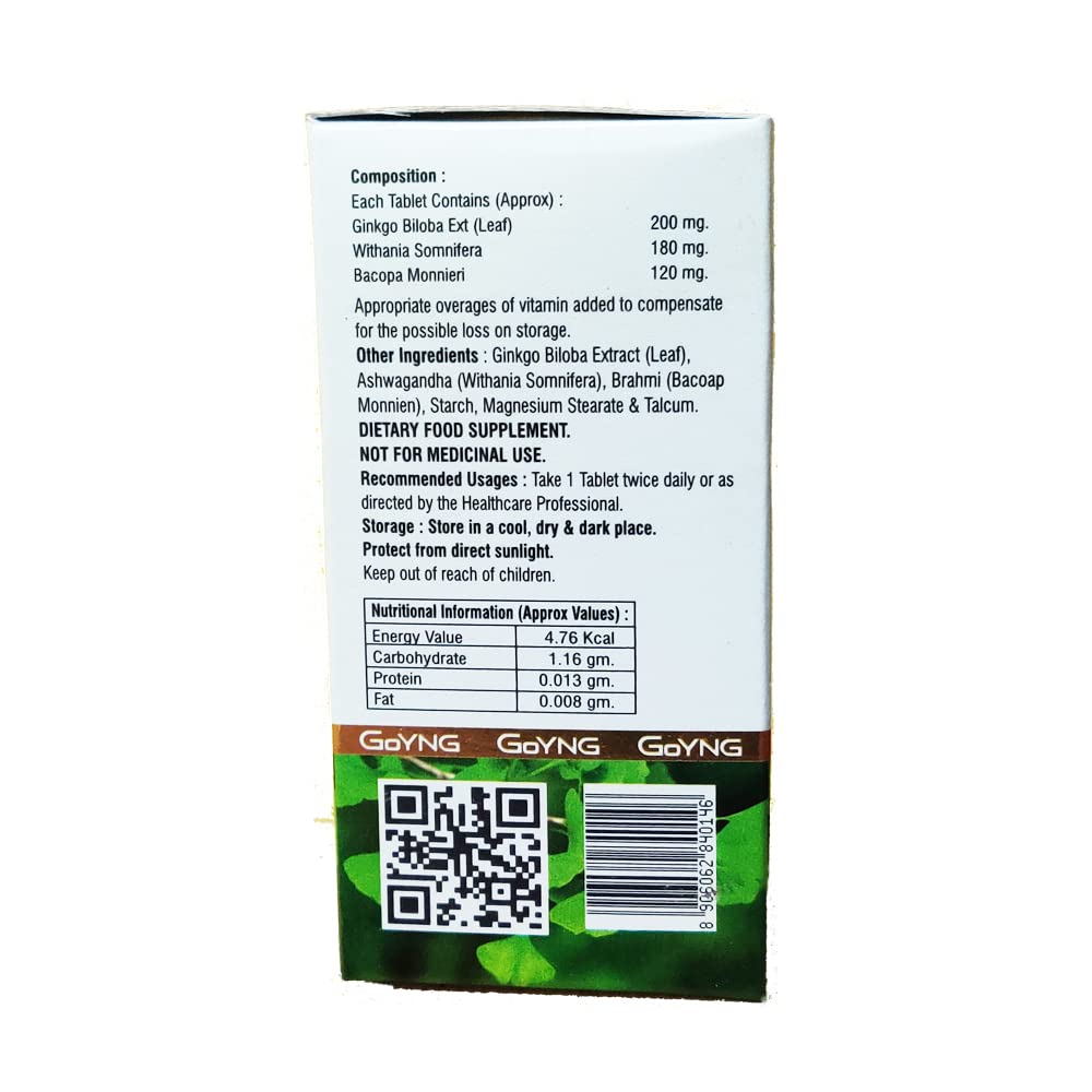 Goyng Ginkgo Biloba With Ashwagandha & Brahmi For Memory, Focus & Brain Booster | 60 Tablets 100gm 0.2lbs
