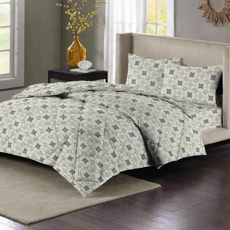 1 Double Bedsheet & 2 Pillow Covers With 1 Comforter Set - 90 X 100 Inches, Grey & White | Super Soft Glace Cotton King Size - 4 Pcs Bedding Set | Perfect Gifts Set Wedding, Anniversary