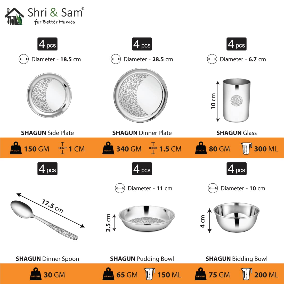Designer Stainless Steel Floral Shagun Laser Bloom Dinner Set Of 24 Pieces, Silver | 4 Dinner Plate+ 4 Side Plate+ 4 Glass+ 4 Bidding Bowl+ 4 Pudding Bowl+ 4 Dinner Spoon