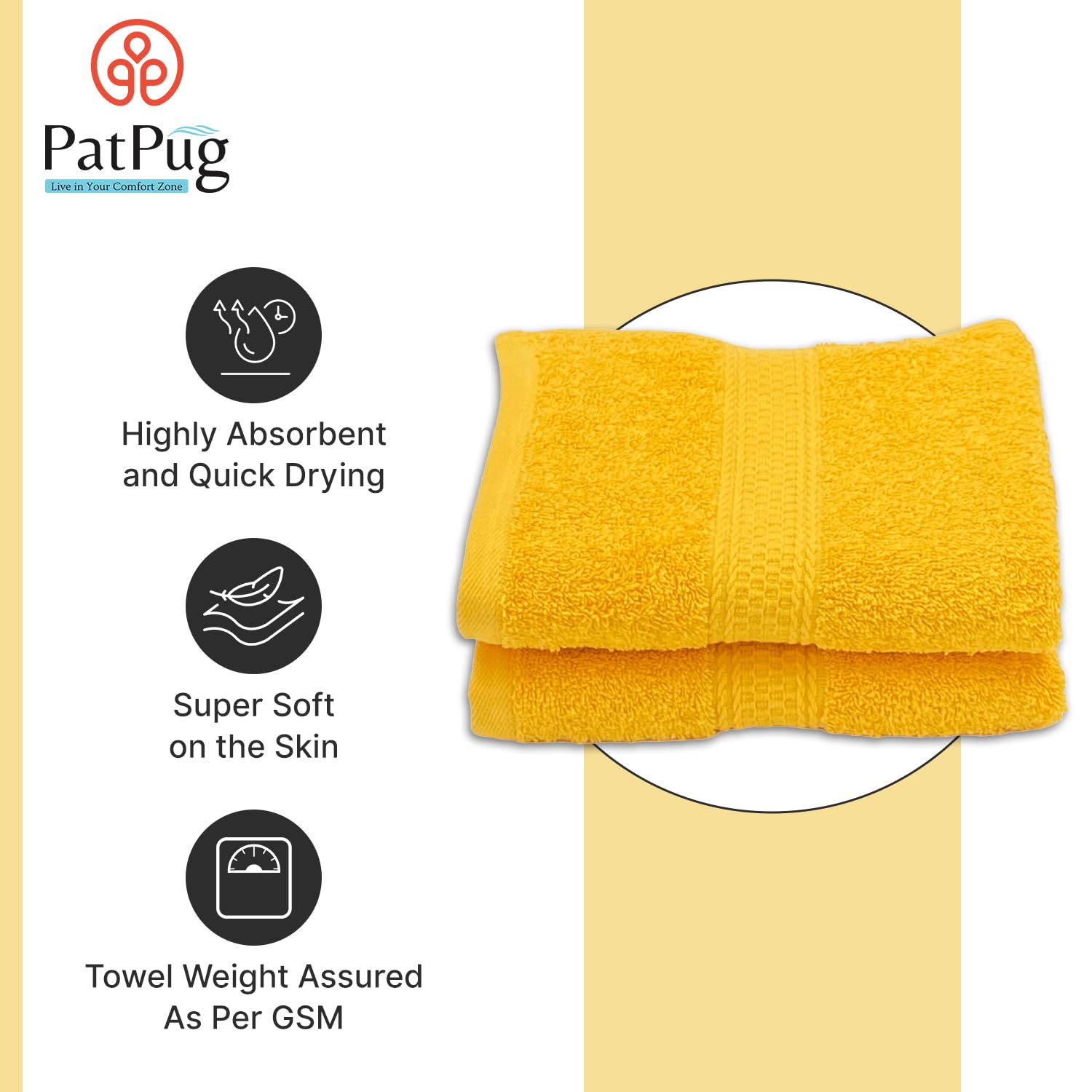 Patpug 100% Indian Ultra Soft Cotton Hand Towel 500 Gsm | For Gym, Workout, Yoga, Wash Basin (Sunrise Yellow) -2 Piece