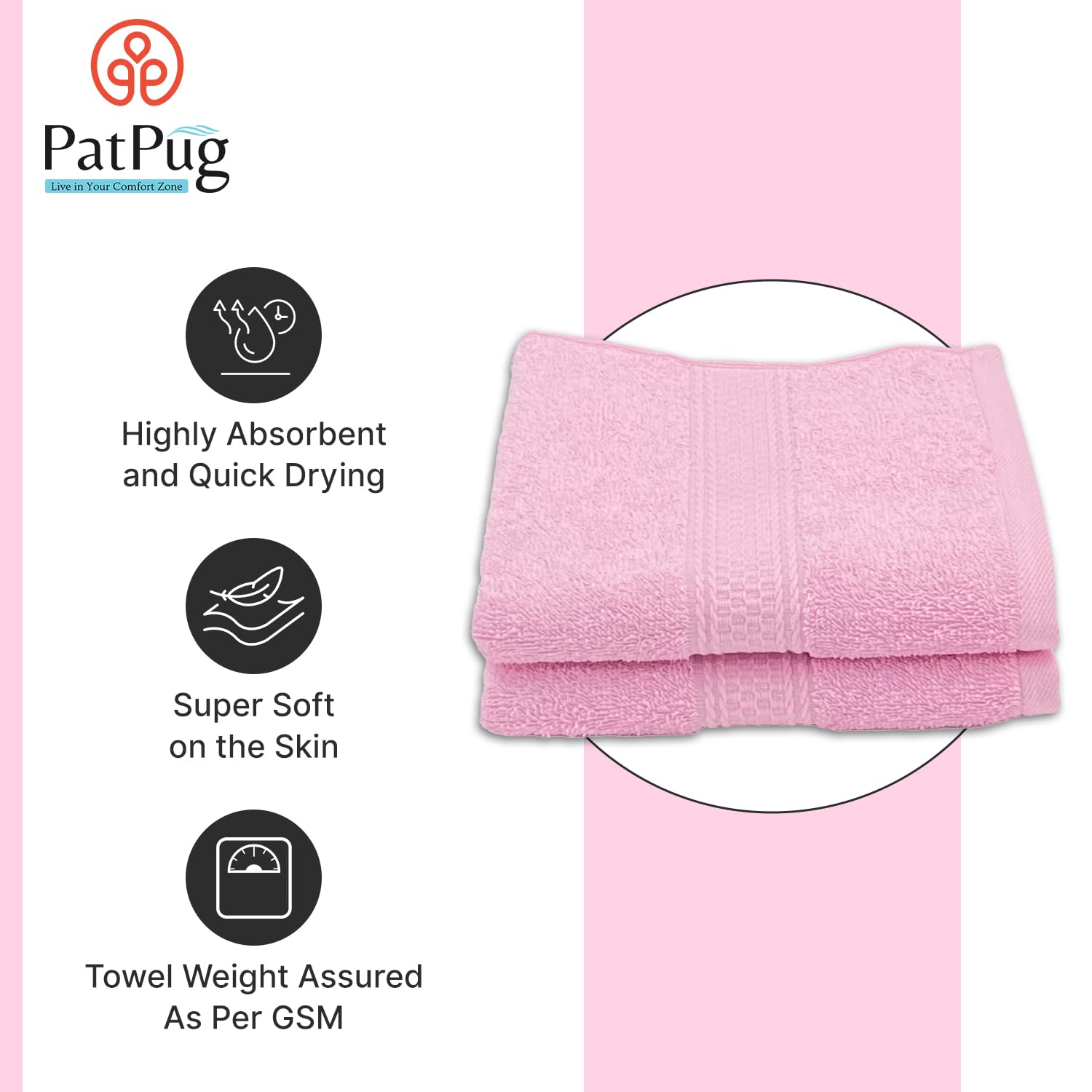 Patpug 100% Indian Ultra Soft Cotton Hand Towel 400 Gsm | For Gym, Workout, Yoga, Wash Basin (Baby Pink) - 2 Piece