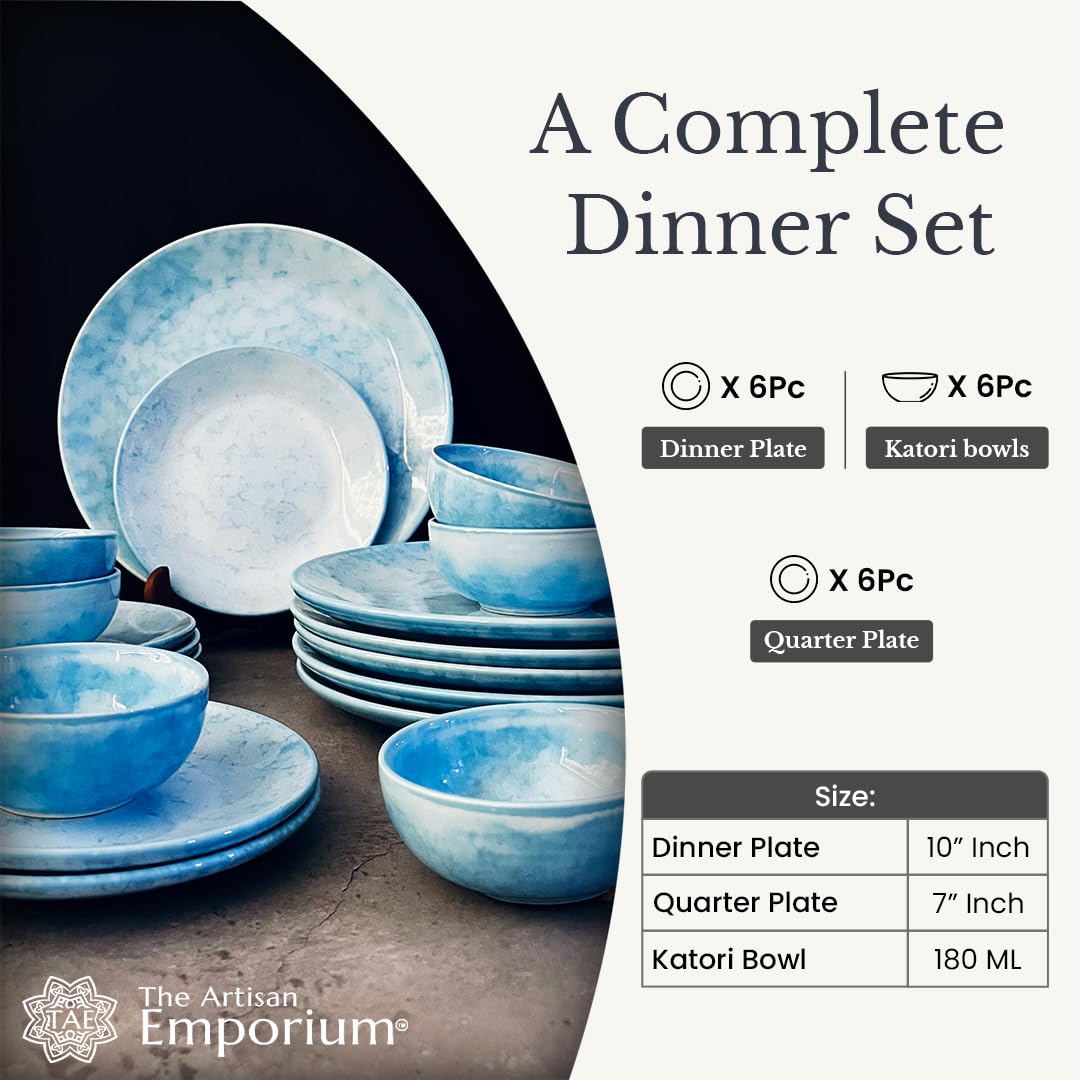 Neelam Handcrafted Ceramic Dinner Set - 18 Pieces, Blue | 6 Dinner Plates + 6 Katori Bowls, 180ml Each+ 6 Quarter Plates Dinnerware Set | Serving For 6, Microwave Safe & Dishwasher Safe