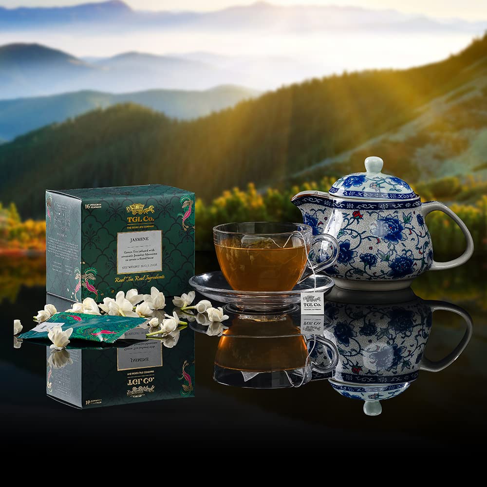 TGL Co. Jasmine Green Tea - Pack Of 2 X 16 Pyramid Tea Bags, 64gm, 2.2 Ounce | Rich In Anti Oxidant, Improve Digestion - Medium Caffeine, No Artificial Flavor