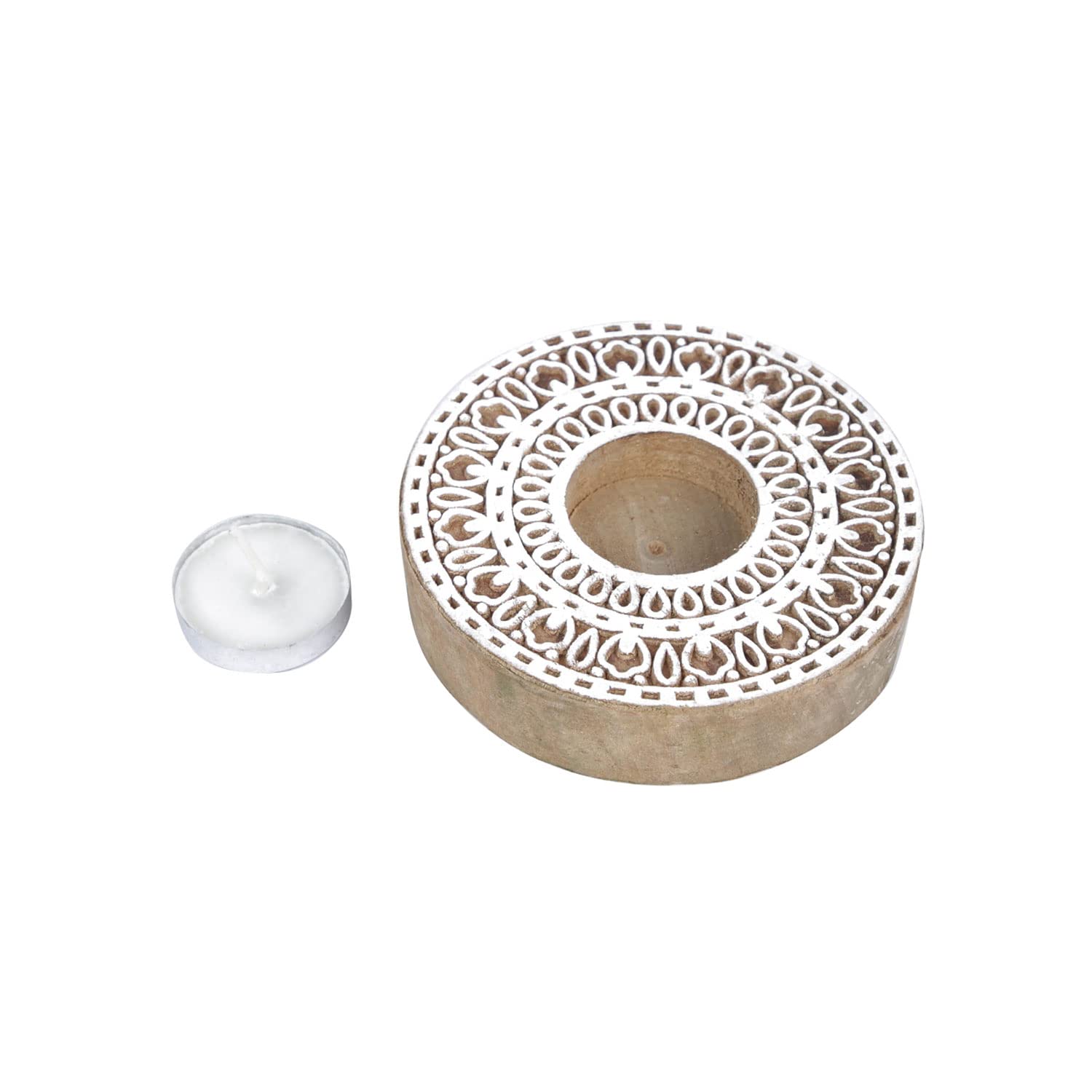 WOODEN ROUND BLOCK MANDALA STAMP PRINTING TEA LIGHTS CANDLE SET OF 2 TABLE DECOR