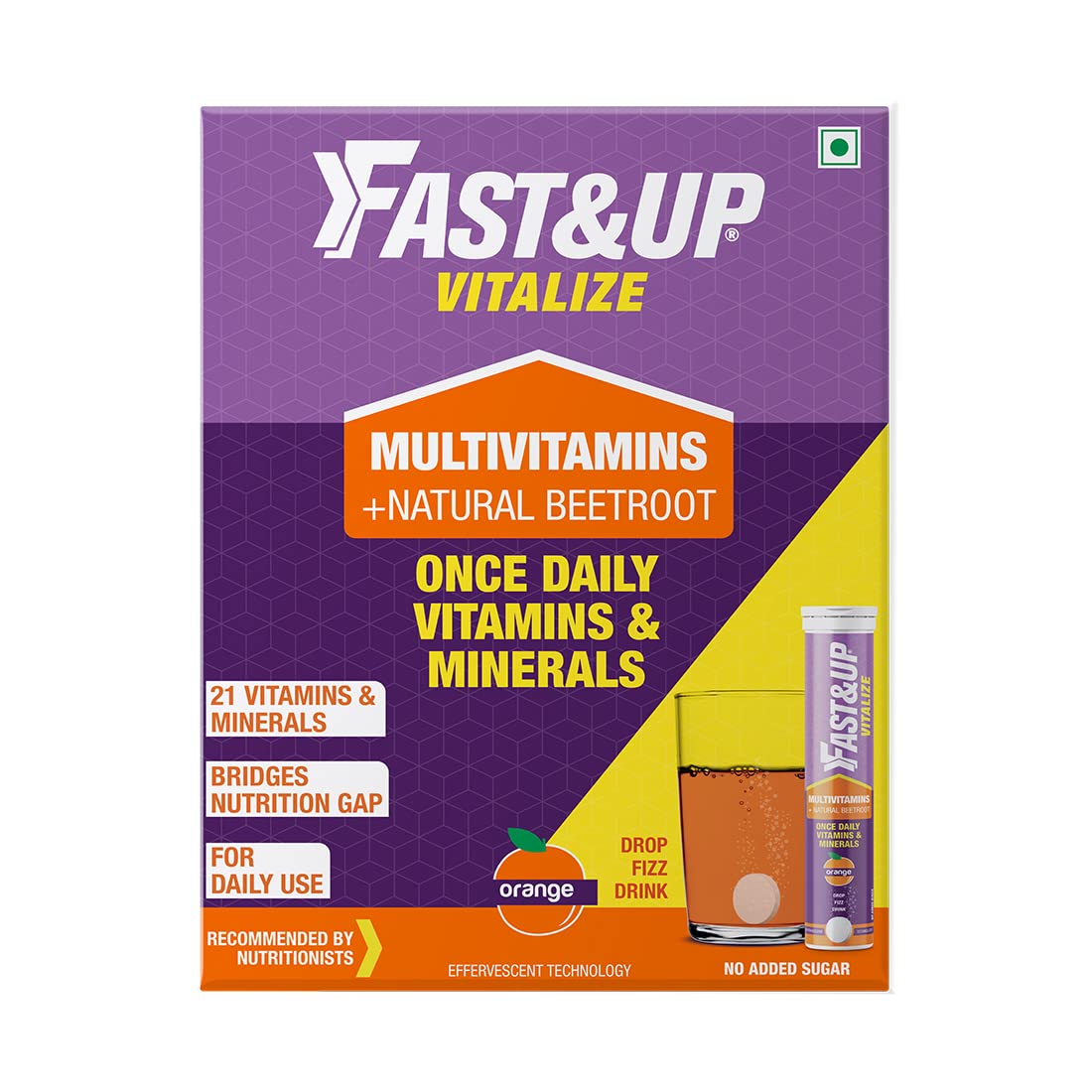 Fast&up Vitalize Immunity Essential Multivitamin For Men & Women - 21 Vital Vitamins & Minerals With Vitamin C, D & Zinc For Daily Health | Orange Flavor , 60 Effervescent Tablets , 200gm 0.4lbs