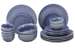 Handcrafted Stoneware Embossed Ceramic Dinner Set Of 20 Pcs With Serving Bowl Set - Mist Blue | 6 Dinner Plates+ 6 Small Plates+ 6 Small Dinner Bowls, 180ml Each+ 2 Serving Bowl, 1000ml Each