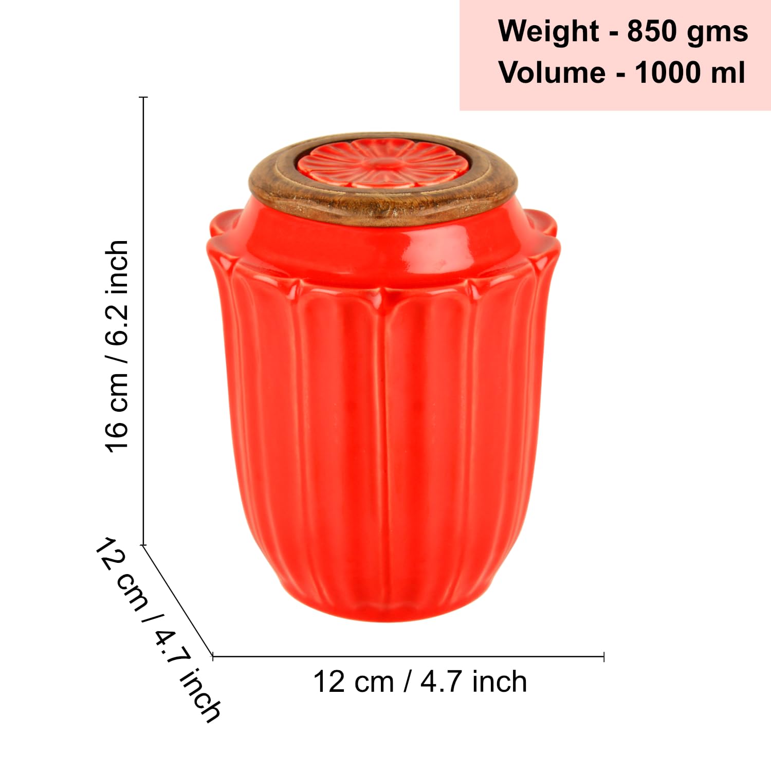 Hand Glazed Multi Utility Storage Airtight Ceramic Jar With Wooden Lid 1000ml, Red | Airtight Ceramic Kitchen Canister - Cookie Jar - Pickle Storage Container, Burni
