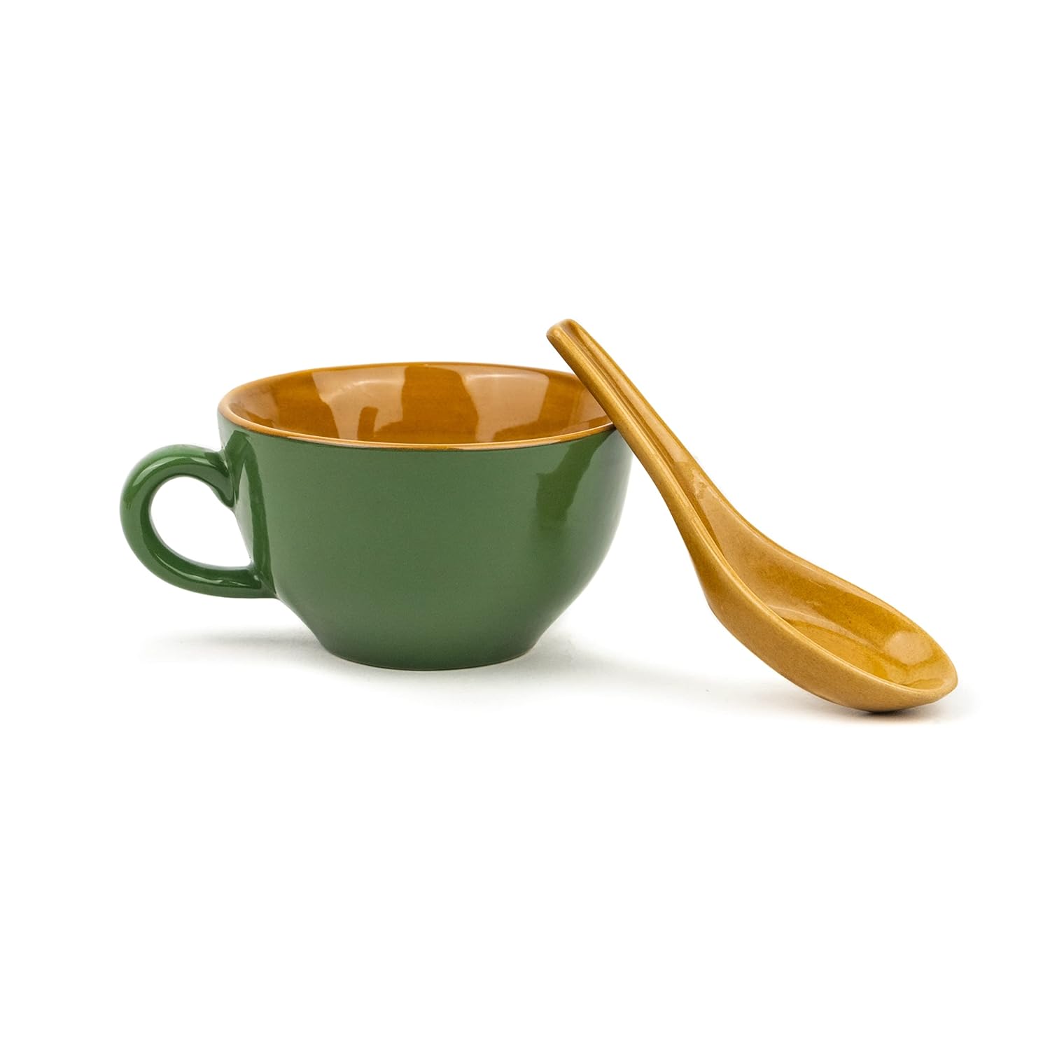 Ceramic Soup Bowl Set With Spoon Set Of 2 - Chrome Green, 350ml Each | Soup Mug - Soup Cup | 2 Soup Bowls + 2 Soup Spoons | Glossy Finish Ceramic Soup Bowls - Microwave Safe Soup Cup Set