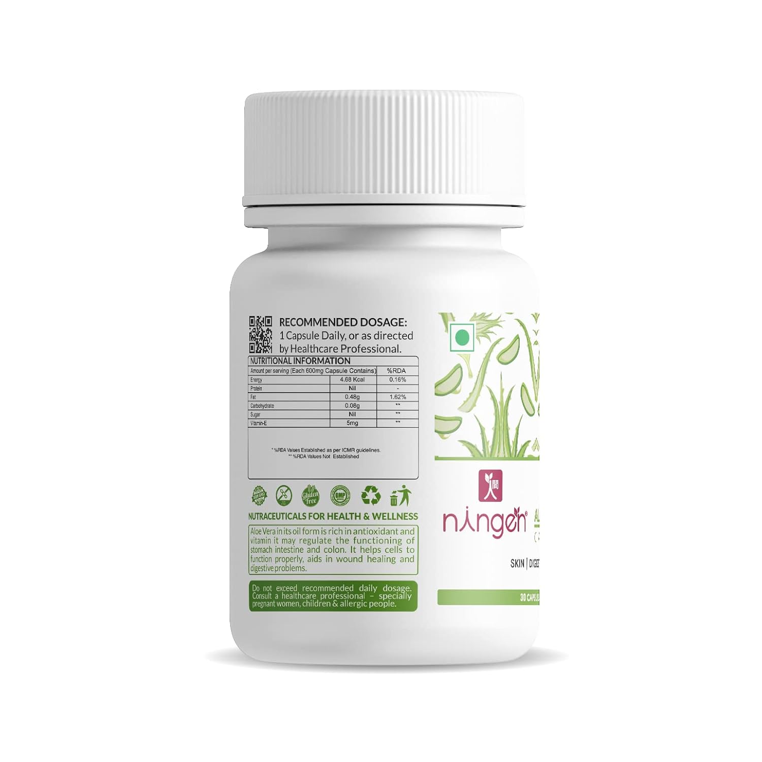 Ningen Aloe Vera Oil Capsules, 500mg For Skin & Digestion, Gluten, Paraben, Soy, Gmo Free | 30 Veg Capsules, 50gm 0.1lbs