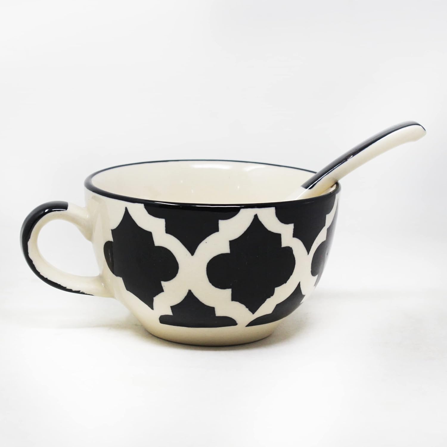 Black Moroccan Hand Painted Handled Ceramic Soup Bowls With Spoons Set Of 2, 300ml Each | Ceramic Soup Cups - 2 Pieces, Microwave Safe & Dishwasher Safe