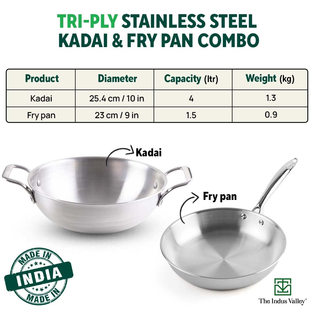 Triply Stainless Steel Cookware Set + Free Wooden Chopping Board | Kadai 25.4 Cm, 4 Liters + Fry Pan 23 Cm, 1.5 Liters - Kitchen Cooking Combo Pots & Pans Set Of 3 Pcs | Naturally Nonstick