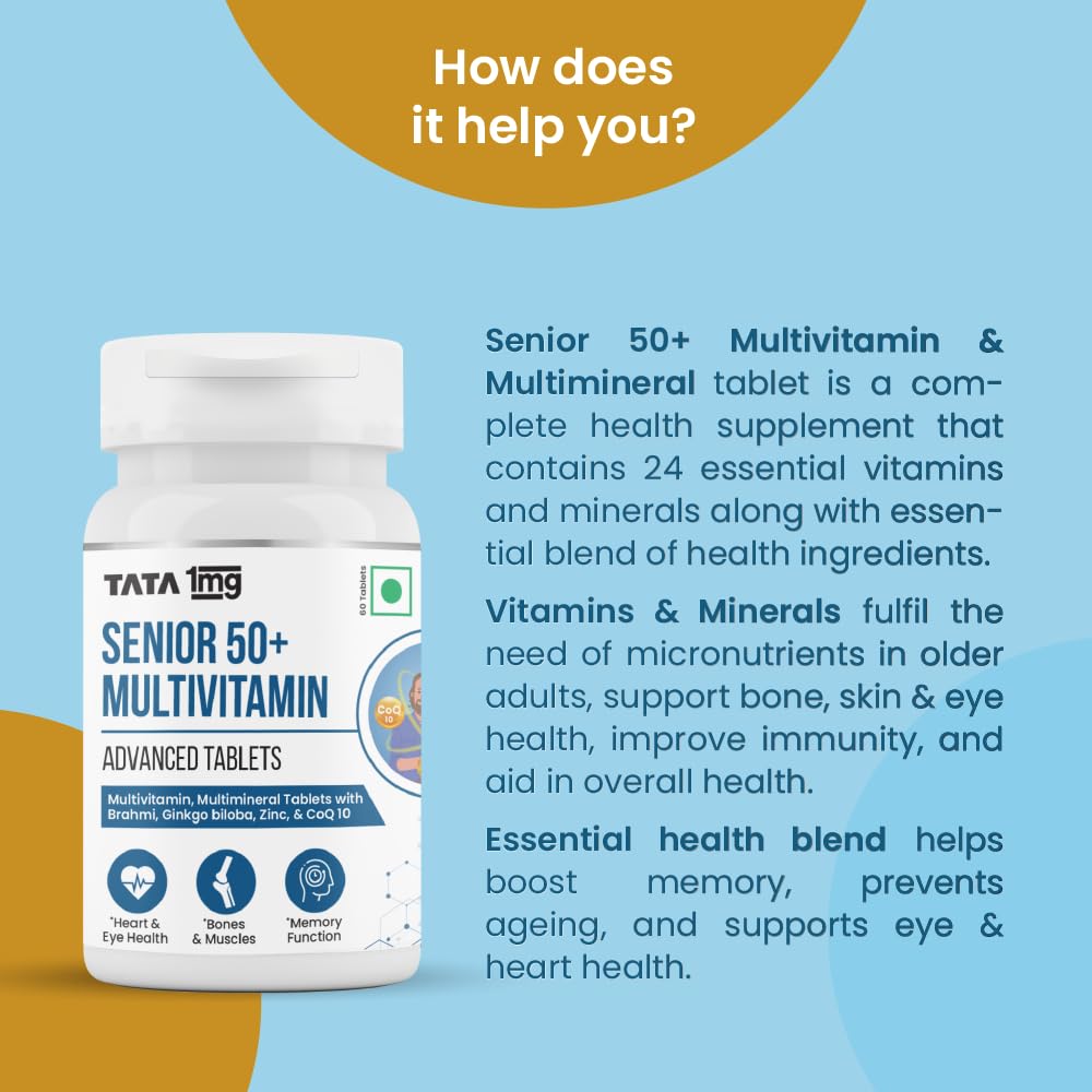 Tata 1mg Senior 50+ Multivitamin & Multimineral Veg Tablet With Zinc, Vitamin C, D, Calcium, Supports Strength & Overall Health For Unisex | 60 Tablets , 100gm 0.2lbs