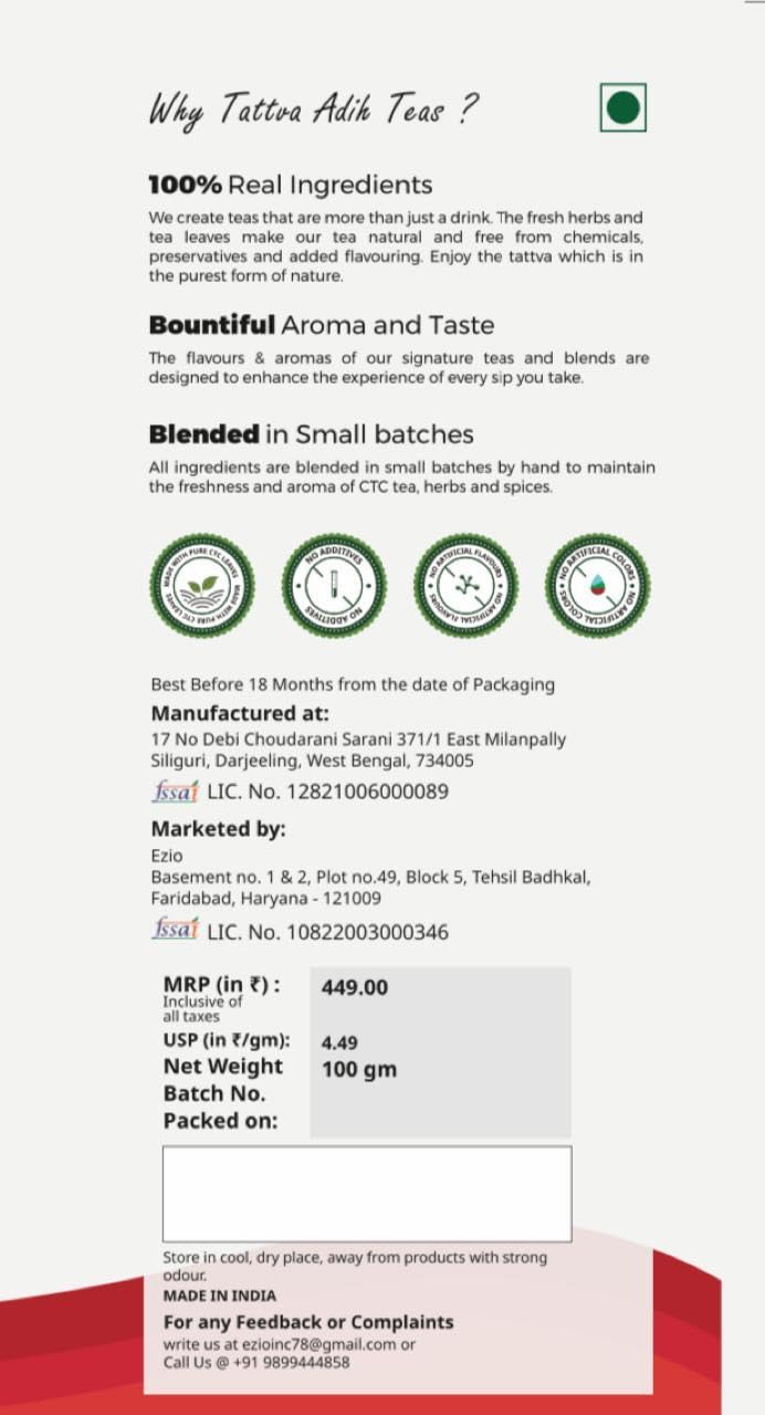 Tattva Adih Mumbai Cutting Chai - 100gm Tin, 3.5 Ounce, 50 Cups | CTC Blended With Elaichi, Ginger, Black Pepper - Premium Blend In Airtight Container