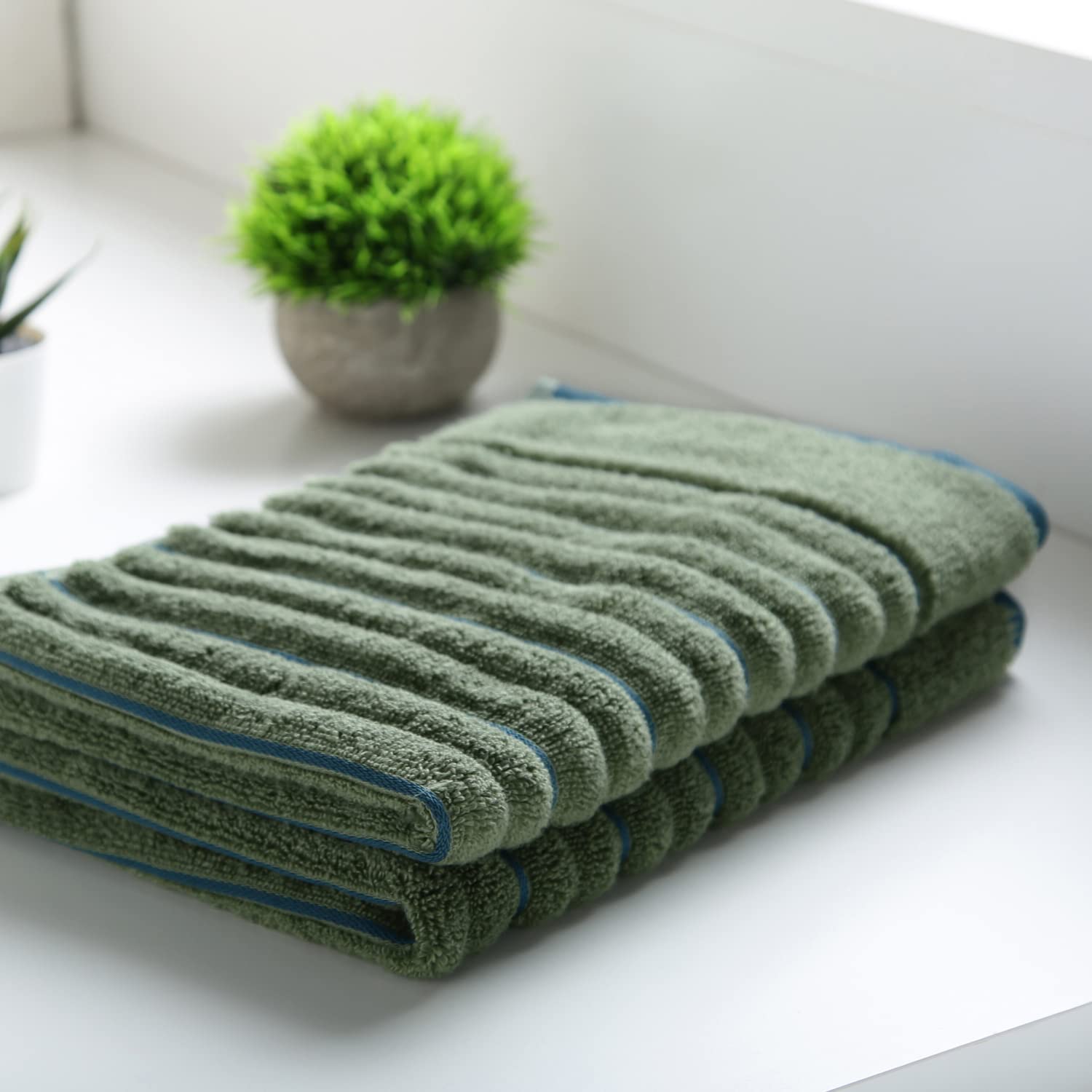 Spaces 100% Cotton Hand Towel 400 Gsm | High Loft Ribbed Texture High Absorbency Hand Towel - Dark Green