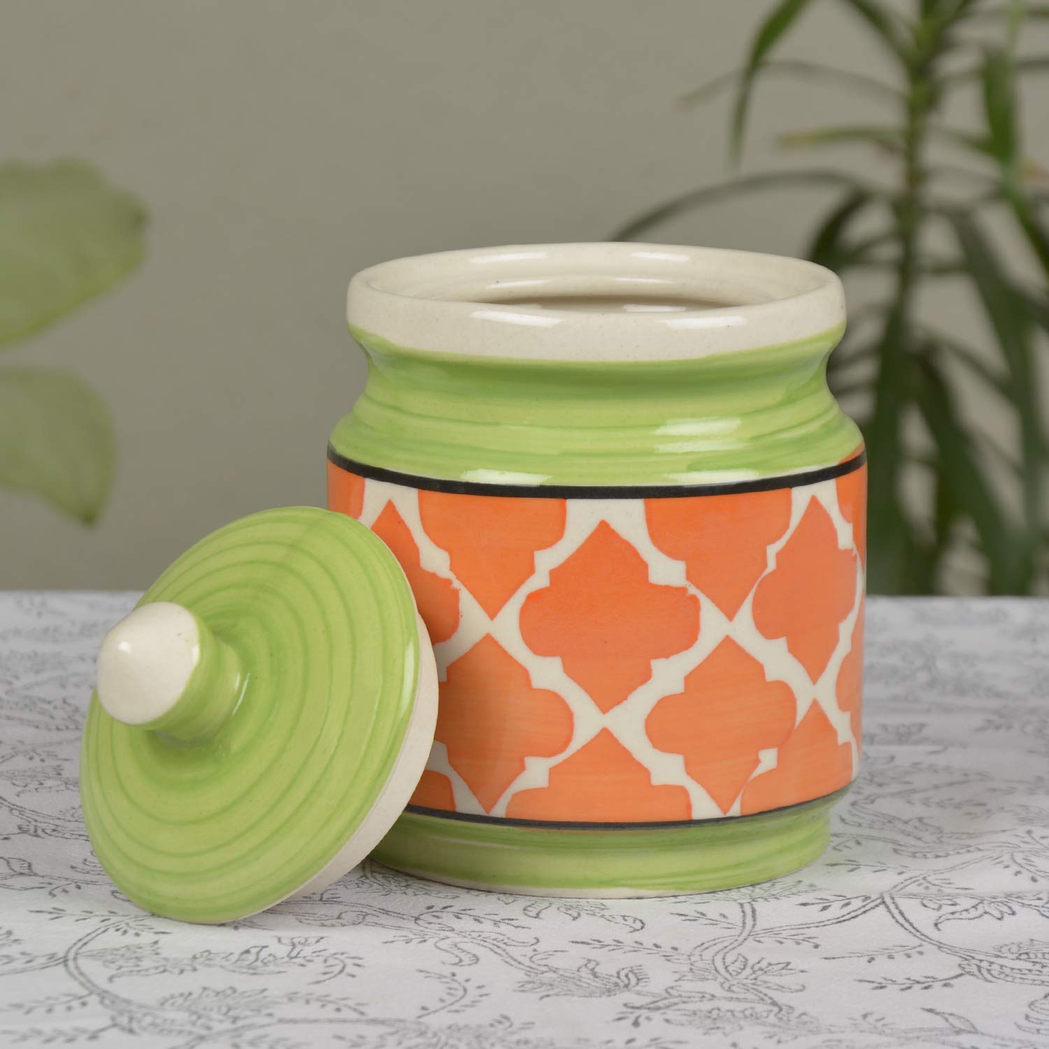 Ceramic Pickle Serving Jar Set Of 2, Green & Orange - Condiment Set | Pickle Jar Set For Dining Table - Masala Container