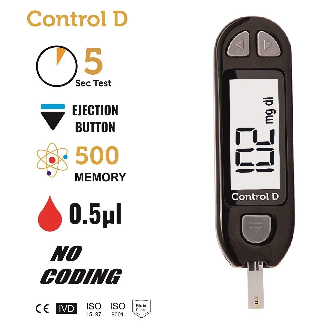 Control D Blood Glucose Monitor (Pack of 20 Strips, Black)