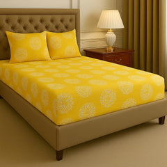 Elastic Fitted Bedsheets For King Size With Two Pillow Cover - 72 X 78 X 10 Inches, Yellow & White | Super Soft Premium Brushed Glace Cotton Bedsheet, Breathable & Wrinkle Free