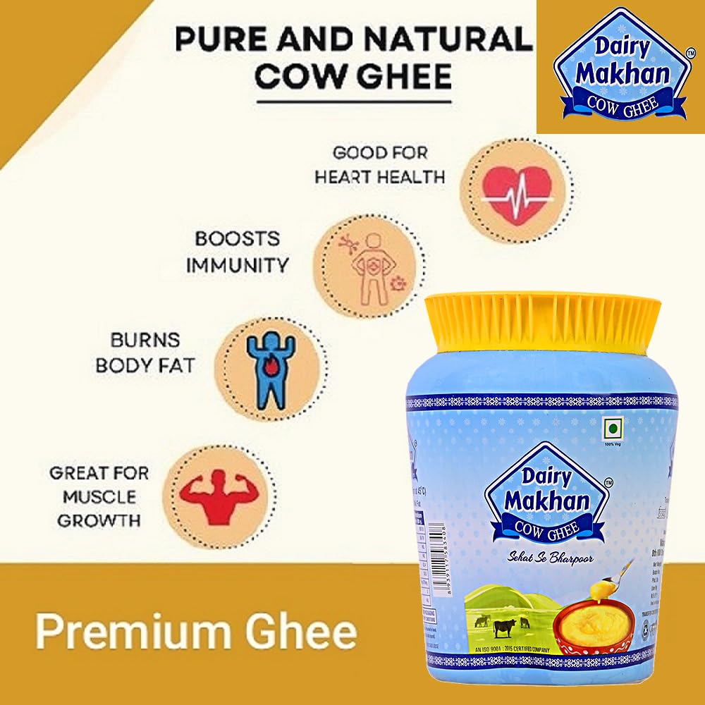 Organic Natural Cow Desi Ghee By Dairy Makhan | Good Source Of Vitamins & Minerals Healthy Desi Cow Ghee For Cooking | 5 Litre (1 Litr * 5) 169.0 Ounce | Jar Pack