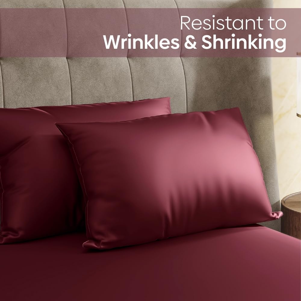 300 TC Premium Double Bedsheet Elastic Fitted For Queen Size | 100 X 90 Inches, Crimson Velvet With 2 Pillow Covers | Skin Friendly Fabric For Everyday Comfort