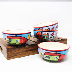 Exotic Panorama Hand Painted Ceramic Dining Bowl Katoris - 4 Pieces, 180ml Each, Multicolor | Ceramic Bowls - Serving Bowls For Dinner, Snacks & Dessert - Microwave Safe