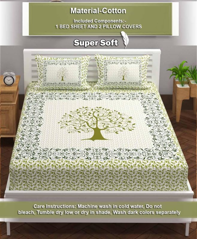 100% Cotton King Size Double Bedsheet With 2 Pillow Covers - 90 X 100 Inches, Green | Traditional Floral Rajasthani Jaipuri Bedsheet