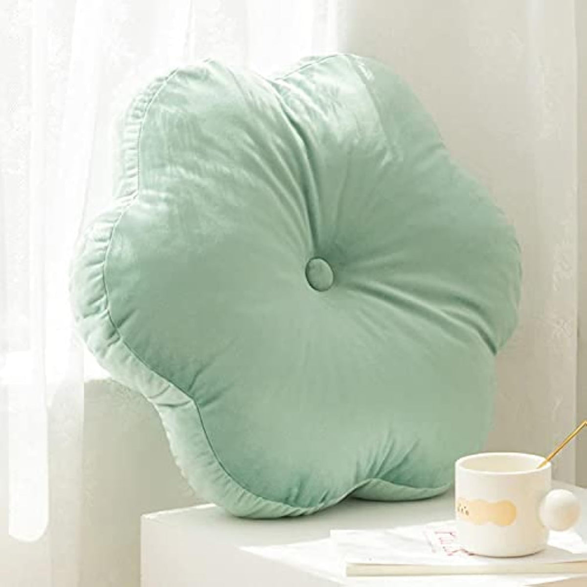 Flower Shaped Floor Cushion Pillow, For Kids Room, Living Room, Tiffany Green - 18x18 Inch | Bedroom, Patio, Luxury Furnishing For Kids Room, Velvet Cushion, Washable - Pack Of 1