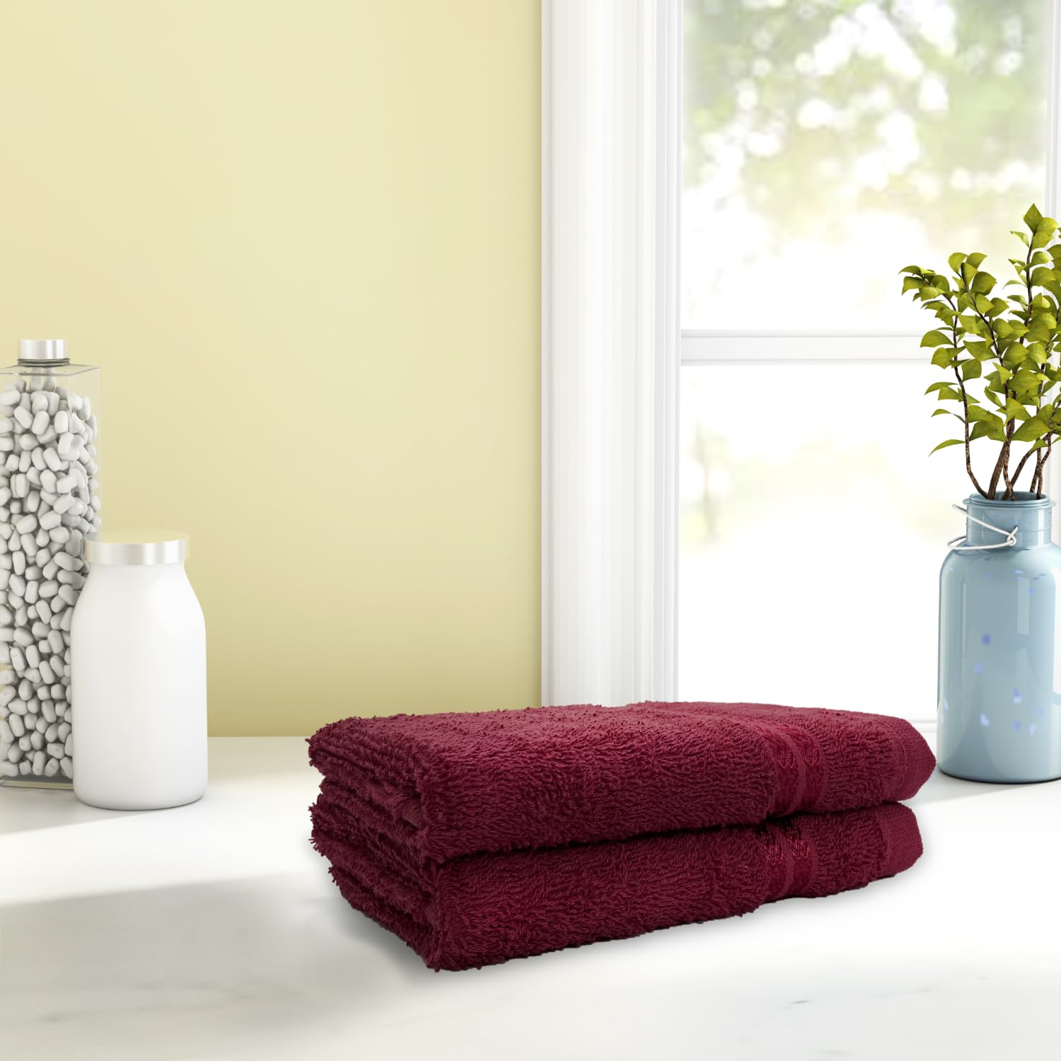 Welspun 100% Cotton Hand Towel 450 Gsm | Anti Bacterial Bright Colours High Absorbency -Berry (Pack Of 2)
