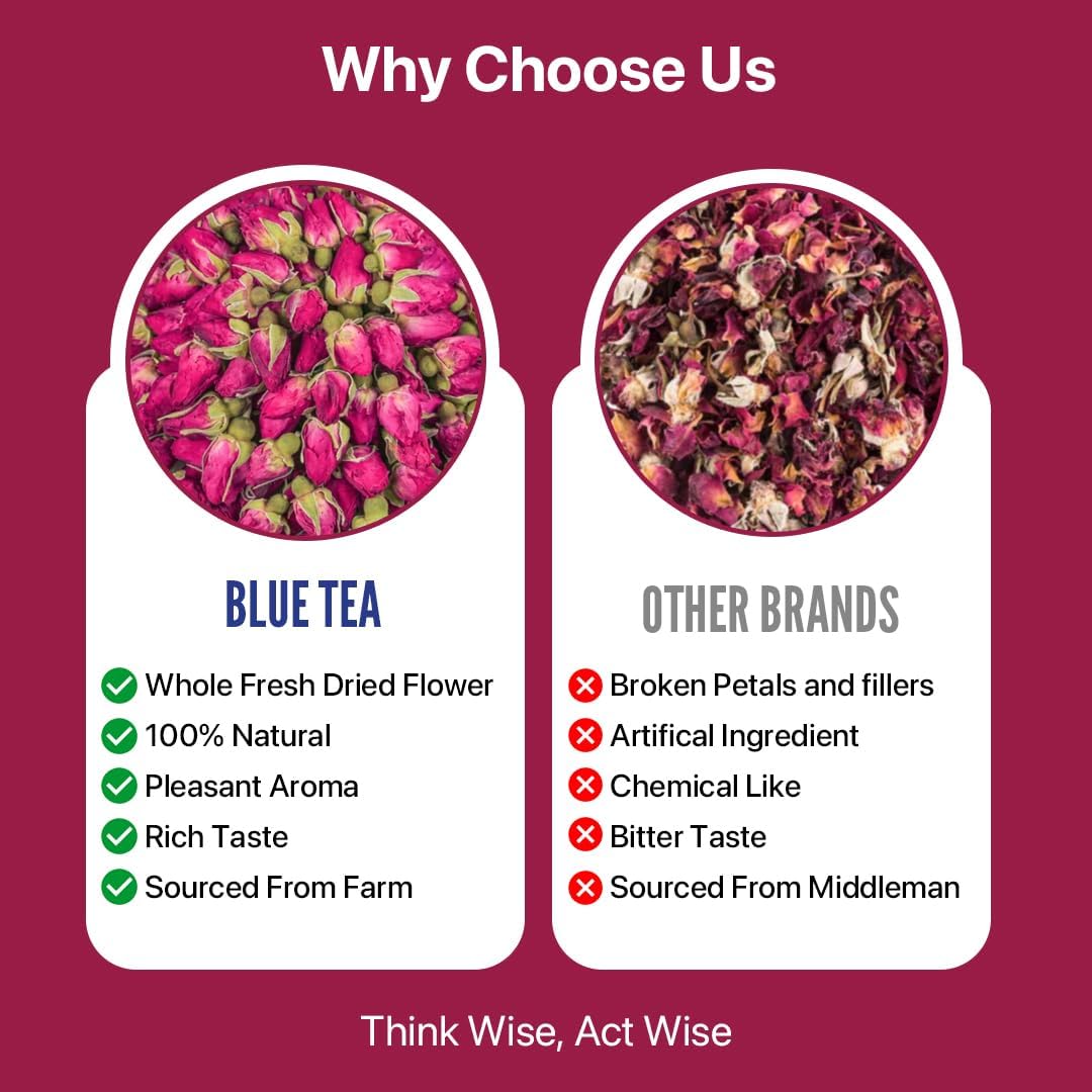 Blue Tea Caffeine Free Rose Buds Flower Herbal Tea - 30gm Pet Jar, 1.05 Ounce, 30 Cups | Non-GMO, Flower Based Detox Tea - Gluten Free | Beautiful Hair & Skin