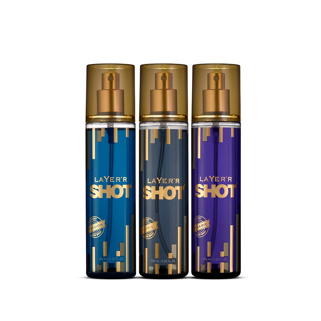 Layer'r Shot Iconic +  Passion Play +  Dynamic Fragrant Body Spray 135ml Each 4.56 Fl.oz. Each Pack Of 3